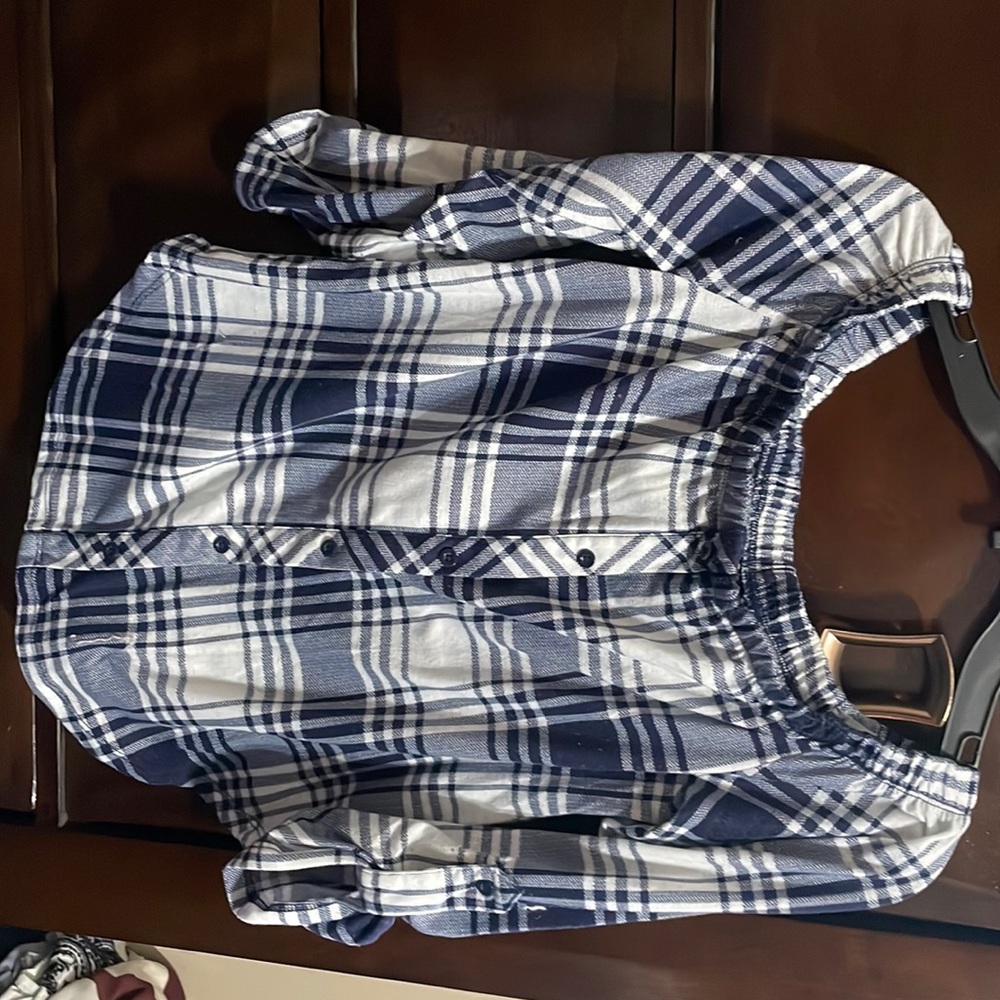 Blue and white off the shoulder blouse